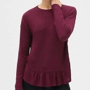 BANANA REPUBLIC Long Sleeve Ruffle Hem Top Burgundy Maroon Wine Red Blouse XS